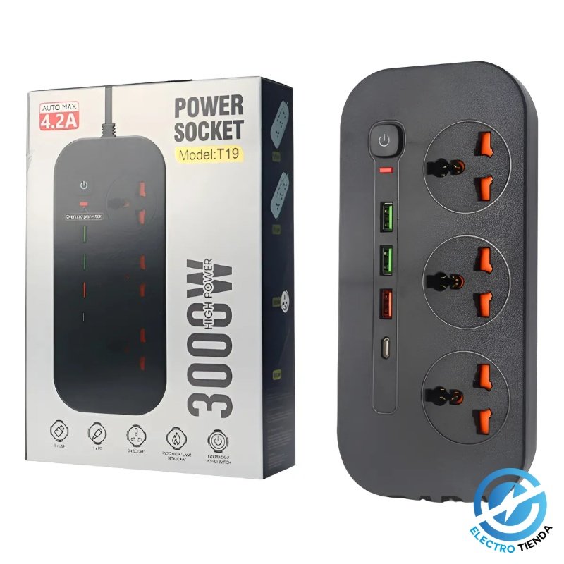 Zapatilla Turbo Power 3 Enchufes + 3 USB + 1 USB-C - Negro