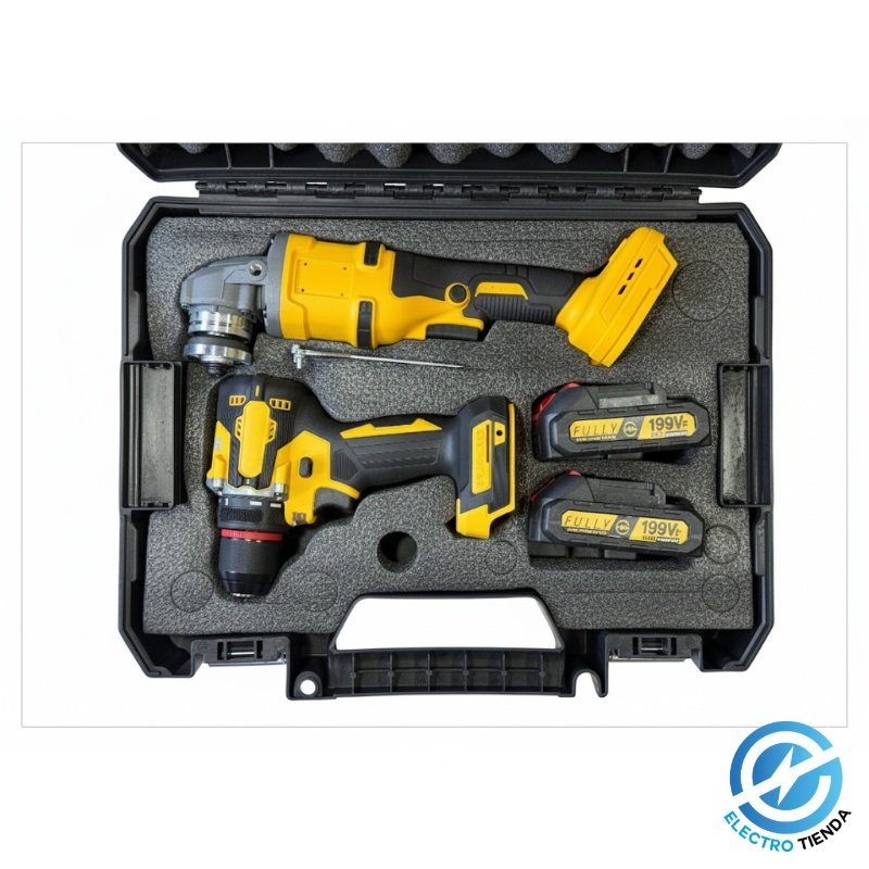 Kit de Herramientas Inalámbricas BM Boumen – Taladro Percutor + Amoladora + 2 Baterías 199VF